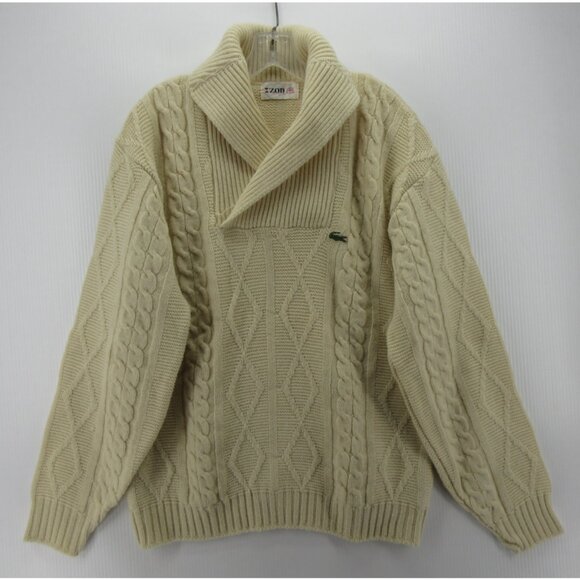VINTAGE Lacoste Izod Sweater XL Cream Shawl Fisherman Cable Knit 80s
